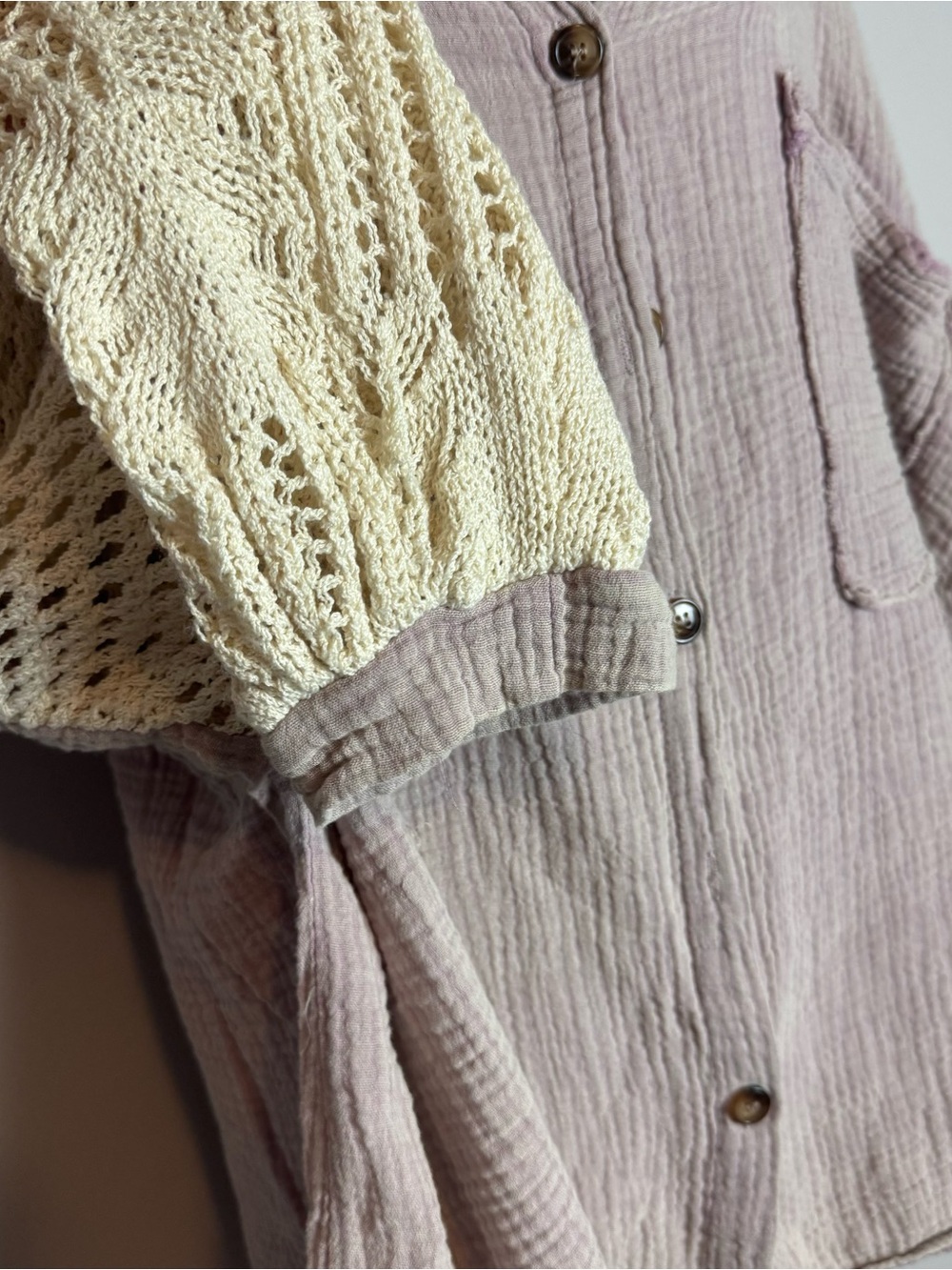 NWT POL Crochet Lantern Drop Sleeve Gauze Distressed Shacket Size Medium - Picture 5 of 13